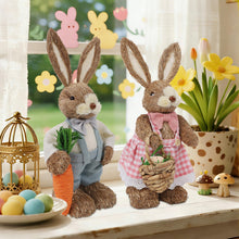 Load image into Gallery viewer, DR.DUDU Set of 2 Easter Decorations for Home- 14" Sisal Bunny Figurines with Carrot &amp; Egg, Spring Straw Bunny Couple Farmhouse Centerpieces for Tables, Easter Rabbits Decor
