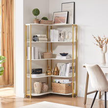 Load image into Gallery viewer, Alaxgumrol White L-Shaped Bookshelf, Modern Corner Bookshelf 5-Shelf Corner Bookcase for Display CDs Movies with Metal Frame Corner l Shelf Storage for Bedroom Living Room Home Office Kitchen
