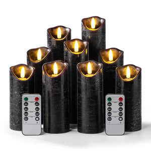 Pandaing Set of 9 Black Regular Textured Flameless Candles Battery Operated LED Real Wax Flickering Electric Candles with Remote Control Timer for Wedding Birthday Halloween Christmas Decorations