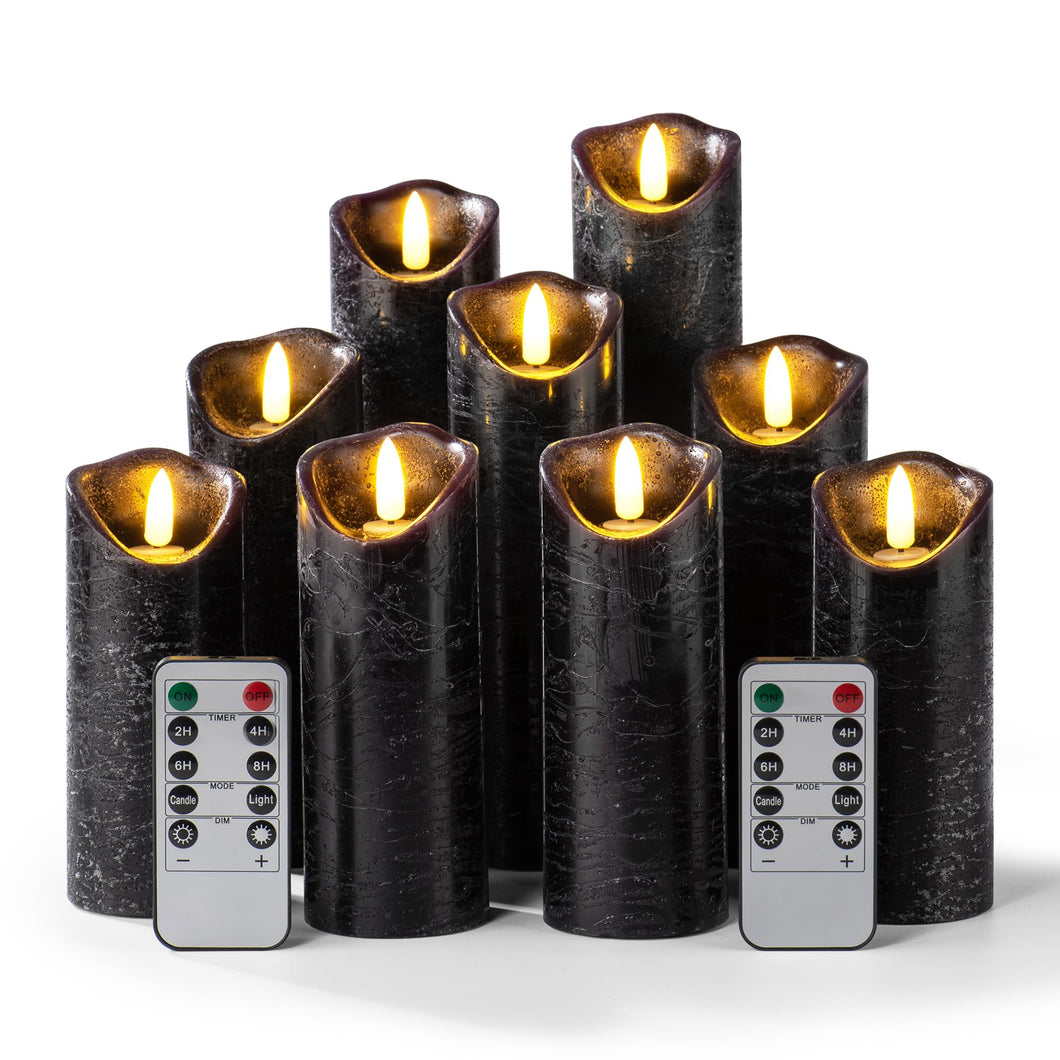Pandaing Set of 9 Black Regular Textured Flameless Candles Battery Operated LED Real Wax Flickering Electric Candles with Remote Control Timer for Wedding Birthday Halloween Christmas Decorations