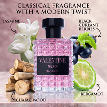 Load image into Gallery viewer, Valentine Nero for Women Eau De Parfum - Amber Floral Jasmine, Bourbon Vanilla &amp; Woods - Oriental-Floral Fragrance with a Modern Twist - Elegant 100ml Bottle Fragrance Packed in a Paper Box
