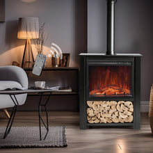 Load image into Gallery viewer, Innsbruck Electric LED Fireplace Stove - Décor Chimney Flue and Wood - 32&quot; Wide x 38&quot; Tall – Soot Black Finish - New 2024
