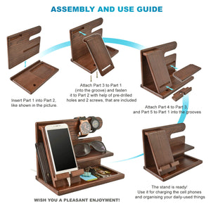 TESLYAR Wood Phone Docking Station for Men - Desk or Nightstand Organizer - Birthday Gifts for Husband or Dad - Anniversary Idea from Wife - Key Holder, Stand Wallet, Watch & Essentials (Brown)