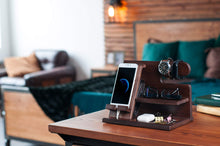 Load image into Gallery viewer, TESLYAR Wood Phone Docking Station for Men - Desk or Nightstand Organizer - Birthday Gifts for Husband or Dad - Anniversary Idea from Wife - Key Holder, Stand Wallet, Watch &amp; Essentials (Brown)
