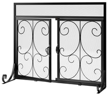 Load image into Gallery viewer, Calidola Flat Fireplace Screen with Doors, Wrought Iron Frame with Metal Mesh, Flat Panel Decorative Fireplace Screen with Scroll Design, Free Standing Spark Guard
