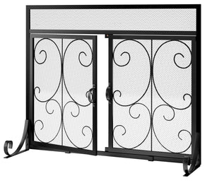Calidola Flat Fireplace Screen with Doors, Wrought Iron Frame with Metal Mesh, Flat Panel Decorative Fireplace Screen with Scroll Design, Free Standing Spark Guard