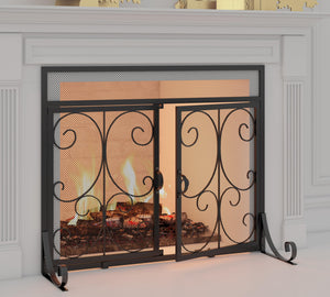 Calidola Flat Fireplace Screen with Doors, Wrought Iron Frame with Metal Mesh, Flat Panel Decorative Fireplace Screen with Scroll Design, Free Standing Spark Guard