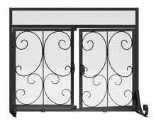 Load image into Gallery viewer, Calidola Flat Fireplace Screen with Doors, Wrought Iron Frame with Metal Mesh, Flat Panel Decorative Fireplace Screen with Scroll Design, Free Standing Spark Guard
