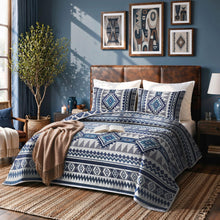 Load image into Gallery viewer, akkialla Reversible Blue Boho Twin Quilt Set, 2-Piece Bohemian Aztec Microfiber Bedspread, Soft Lightweight All-Season Coverlet (1 Quilt, 1 Sham)
