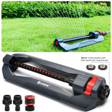 Load image into Gallery viewer, Eden 96213 Essential Turbo Oscillating Water Sprinkler, Covers Up to 3,600 sq. ft., 16 Nozzles, Weighted Base, Adjustable Range, Quick Connect Bundle, Dark Grey, Red, Silver
