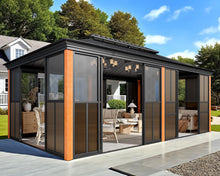Load image into Gallery viewer, EROMMY 12' X 20' Hardtop Sunroom, Galvanized Steel Double Roof Gazebo Solarium with Wood Grain Aluminum Frame &amp; Detachable Windows, All-Weather Sun Room for Patio Deck Backyard
