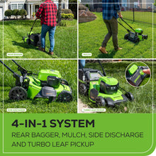 Load image into Gallery viewer, Greenworks 48V (24V x 2) 20" Brushless Cordless Lawn Mower + 12" String Trimmer + 320 CFM Leaf Blower Combo Kit with (2) 4.0Ah Batteries &amp; Dual Port Fast Charger
