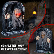 Load image into Gallery viewer, Halloween Animatronic Tombstone with Moving Skeleton - Sensor Activated Animated Scary Prop with Creepy Sound &amp; Light-Up Eyes for Haunted House, Yard,Halloween Party Decor
