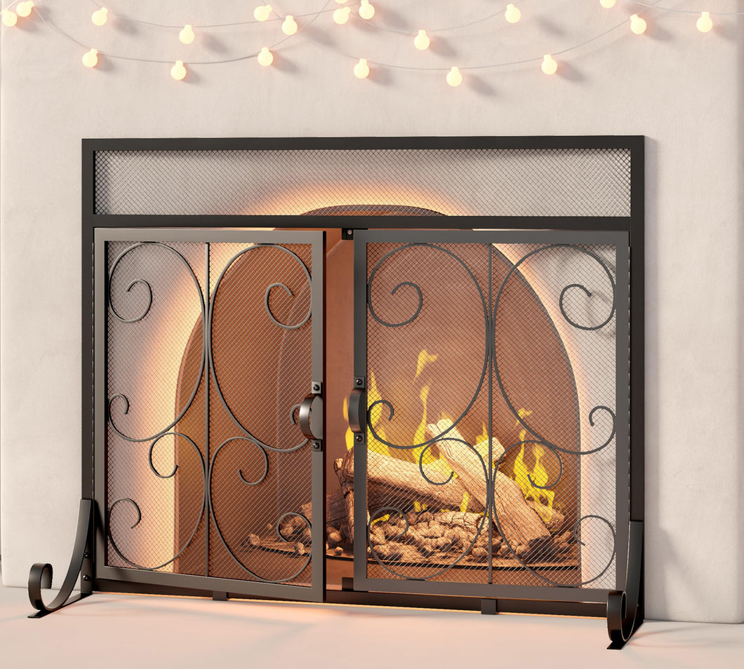 Calidola Flat Fireplace Screen with Doors, Wrought Iron Frame with Metal Mesh, Flat Panel Decorative Fireplace Screen with Scroll Design, Free Standing Spark Guard