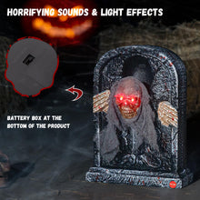 Load image into Gallery viewer, Halloween Animatronic Tombstone with Moving Skeleton - Sensor Activated Animated Scary Prop with Creepy Sound &amp; Light-Up Eyes for Haunted House, Yard,Halloween Party Decor
