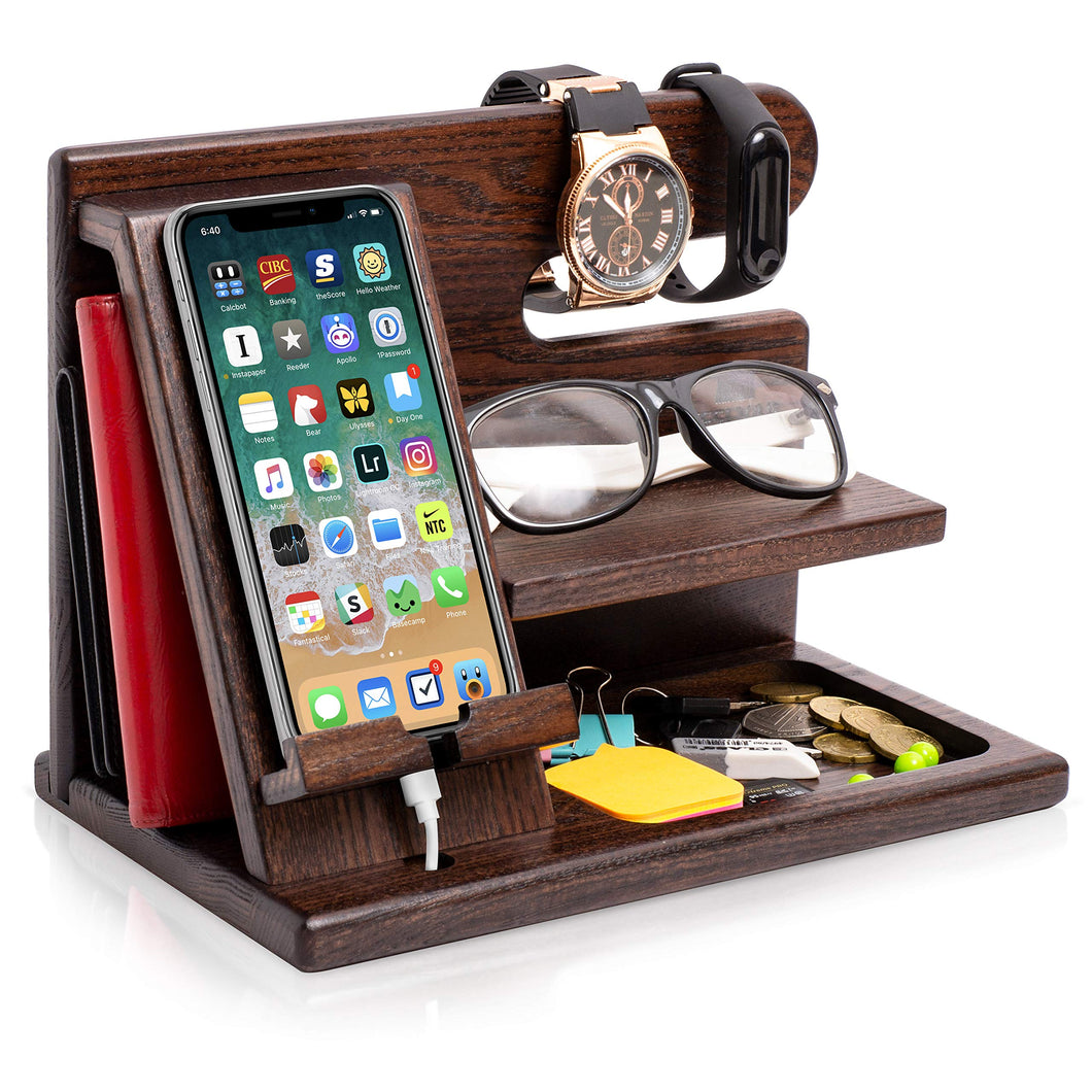 TESLYAR Wood Phone Docking Station for Men - Desk or Nightstand Organizer - Birthday Gifts for Husband or Dad - Anniversary Idea from Wife - Key Holder, Stand Wallet, Watch & Essentials (Brown)