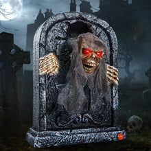 Load image into Gallery viewer, Halloween Animatronic Tombstone with Moving Skeleton - Sensor Activated Animated Scary Prop with Creepy Sound &amp; Light-Up Eyes for Haunted House, Yard,Halloween Party Decor
