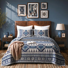 Load image into Gallery viewer, akkialla Reversible Blue Boho Twin Quilt Set, 2-Piece Bohemian Aztec Microfiber Bedspread, Soft Lightweight All-Season Coverlet (1 Quilt, 1 Sham)
