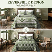 Load image into Gallery viewer, akkialla Reversible Green Boho Twin Quilt Set, 2-Piece Bohemian Aztec Microfiber Bedspread, Soft Lightweight All-Season Coverlet (1 Quilt, 1 Sham)
