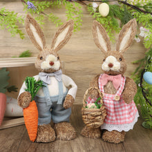 Load image into Gallery viewer, DR.DUDU Set of 2 Easter Decorations for Home- 14" Sisal Bunny Figurines with Carrot &amp; Egg, Spring Straw Bunny Couple Farmhouse Centerpieces for Tables, Easter Rabbits Decor
