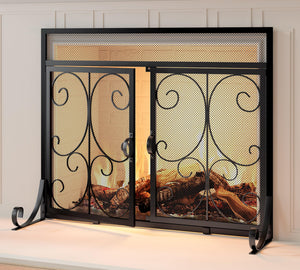 Calidola Flat Fireplace Screen with Doors, Wrought Iron Frame with Metal Mesh, Flat Panel Decorative Fireplace Screen with Scroll Design, Free Standing Spark Guard
