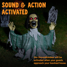Load image into Gallery viewer, JOYIN Halloween Outdoor Animatronic Groundbreaker Decorations, Half-Body Zombie Groundbreaker with Motion and Light-Up Eyes, for Outside Decor Graveyard Yard Lawn Haunted House Props
