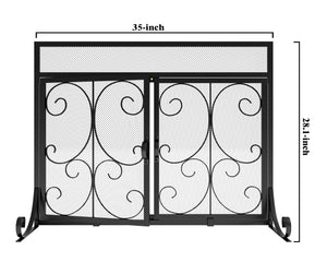 Calidola Flat Fireplace Screen with Doors, Wrought Iron Frame with Metal Mesh, Flat Panel Decorative Fireplace Screen with Scroll Design, Free Standing Spark Guard