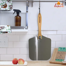 Load image into Gallery viewer, THE PERFECT PIE Premium Pizza Peel 12" x 14" Aluminum Pizza Paddle with Foldable Handle for Storage and 14” Rocker Cutter with Protective Cover. Gourmet Spatula and Cutter Set for Homemade Pizza.
