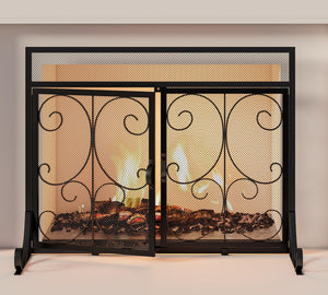 Calidola Flat Fireplace Screen with Doors, Wrought Iron Frame with Metal Mesh, Flat Panel Decorative Fireplace Screen with Scroll Design, Free Standing Spark Guard