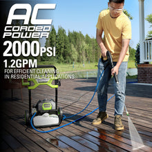 Load image into Gallery viewer, Greenworks 2000 PSI (1.2 GPM) Electric Pressure Washer, Steel Wand, On-Board Soap Tank (25°, 40°, Soap, and Turbo Nozzle)
