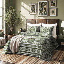 Load image into Gallery viewer, akkialla Reversible Green Boho Twin Quilt Set, 2-Piece Bohemian Aztec Microfiber Bedspread, Soft Lightweight All-Season Coverlet (1 Quilt, 1 Sham)
