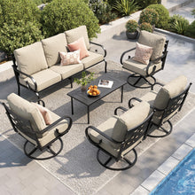 Load image into Gallery viewer, PHI VILLA Patio Furniture Set, 3-Seater Sofa, 4 Swivel Chairs and a Coffee Table, Outdoor Metal Conversation Set with 5.75" Extra Thick Cushion for Garden Backyard Deck, Beige
