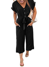 Load image into Gallery viewer, ROSKIKI Women's V-Neck Short Sleeve Button Pocketed Wide Leg Jumpsuits Romper with Belt

