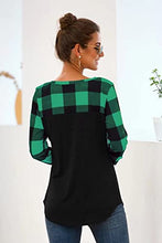 Load image into Gallery viewer, Green Black Buffalo Plaid Neck Long Sleeve Patchwork Blouse Top Curve Hem Tunic
