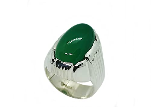 18 Carat Yemeni Dark Green Aqeeq Mens Ring Sterling Silver 925 Handmade Grape Shape Green Agate Ring Gift for Him Agate Ring Religious Ring (14.5)
