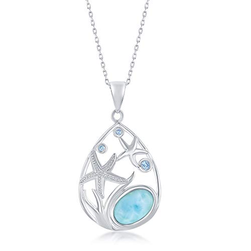 925 Sterling Silver Hawaii Natural Larimar Gemstone High Polished Nautical Pear-Shaped with Starfish and Blue Cubic Zirconia 18’’ Pendant Necklace