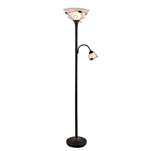 CO-Z Torchiere Floor Lamp with Side Reading Light, 3-Way Switch Combo Antique Bronze Mother Daughter Floor Lamp with Glass Shade, 71