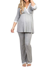 Load image into Gallery viewer, womens cotton maternity pregnancy soft nursing pajama sets sleepwear long sleeves for delivery breastfeeding in hospital Grey
