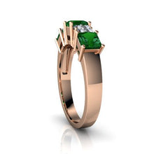 Load image into Gallery viewer, 14kt Rose Gold Lab Emerald and Diamond 4mm Square Three Stone Ring - Size 6.5
