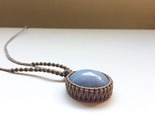Load image into Gallery viewer, Celestite necklace, Macrame necklace with blue stone, Round Celestite stone, Celestite pendant, Macrame art, Light blue, Spiritual, Unisex
