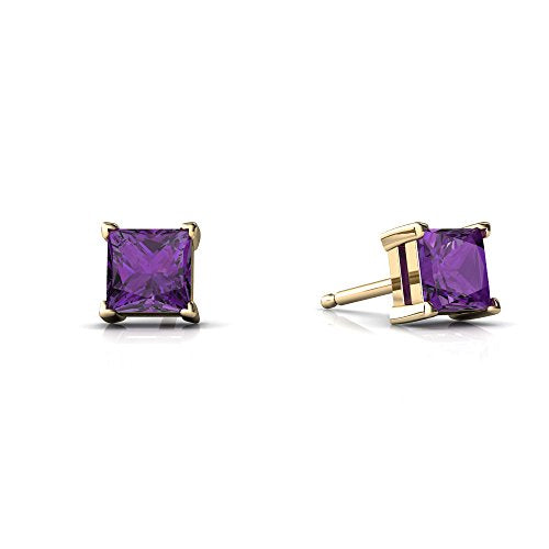 14kt Yellow Gold Amethyst 4mm Square Princess Cut Stud Earrings
