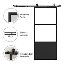 Load image into Gallery viewer, 36"x 84"Metal Glass Sliding Barn Door Panel Heavy Duty Black Carbon Steel Clear Tempered Glass Door Slab with Top Mount Barn Door Hardware Kit Assemble Required(Soft Close Included )
