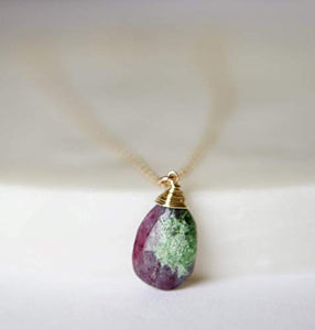 Ruby Zoisite Teardrop Gemstone Gold Filled Necklace - 18" Length