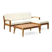 Load image into Gallery viewer, Christopher Knight Home Grenada Sectional Sofa Set | 5-Piece 3-Seater | Includes Coffee Table and Ottoman | Acacia Wood Frame | Water-Resistant Cushions | Teak and Beige, Finish
