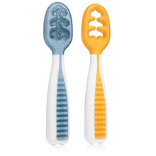 Load image into Gallery viewer, Baby Spoon Set (Stage 1 + Stage 2) | BPA Free Silicone Self Feeding Toddler Utensils | Pre-Spoon for Kids Ages 6 to 18 Months, 1-Pack, Two Spoons, Blue/Orange | NumNum GOOtensils
