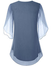 Load image into Gallery viewer, SeSe Code Chiffon Tops for Women Work Casual Summer Ruffle Sleeve Top Sheer Blouses Crew Neck Shirts for Women Dressy Tops for Evening Wear Blue Grey 2XL
