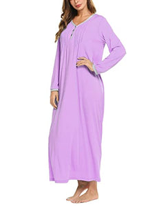 Ekouaer Women Long Nightgown Long Sleeve Nightshirt Casual Sleepwear Henley Full Length Sleep Dress Purple XLarge