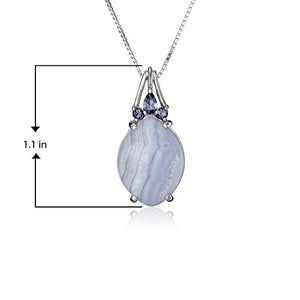 .925 Sterling Silver Genuine Blue Lace Agate and Iolite 1" Oval Pendant Necklace on 18" Box Chain