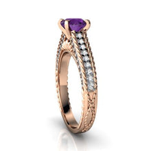 Load image into Gallery viewer, 14kt Rose Gold Amethyst and Diamond 6mm Round Antiqu Style Ring - Size 9

