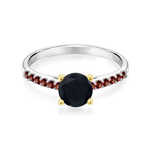 Gem Stone King 1.04 Ct Black Onyx Red Garnet 925 Silver Ring with 10K Yellow Gold Prongs (Size 5)